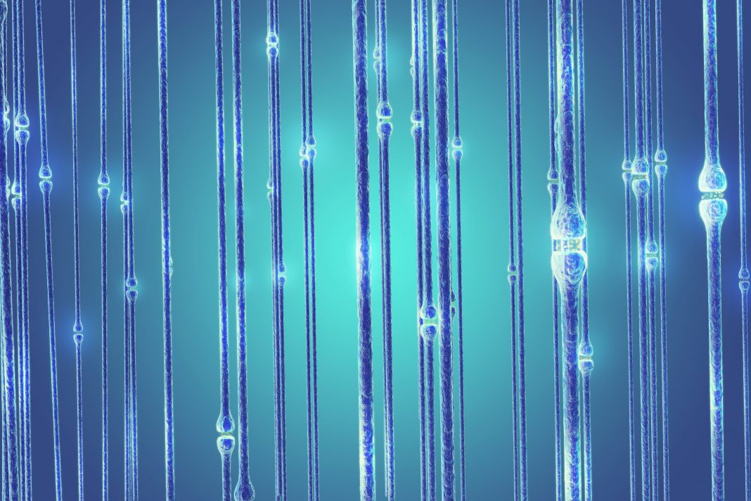 Neurons transmission signals in the head on blue background. Synapse, 3d rendering